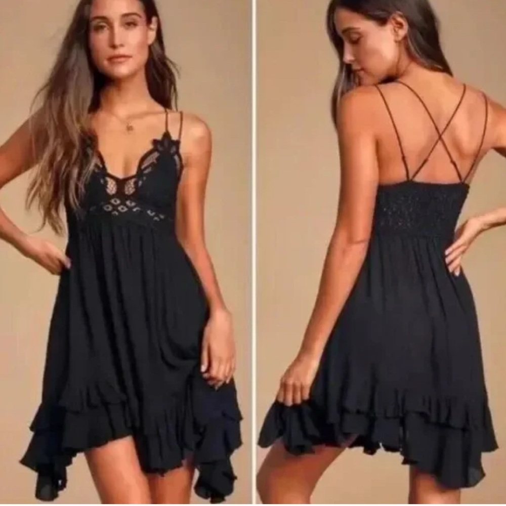 FP One Black Adella Mini Slip Dress - Free People Asymmetrical Lace